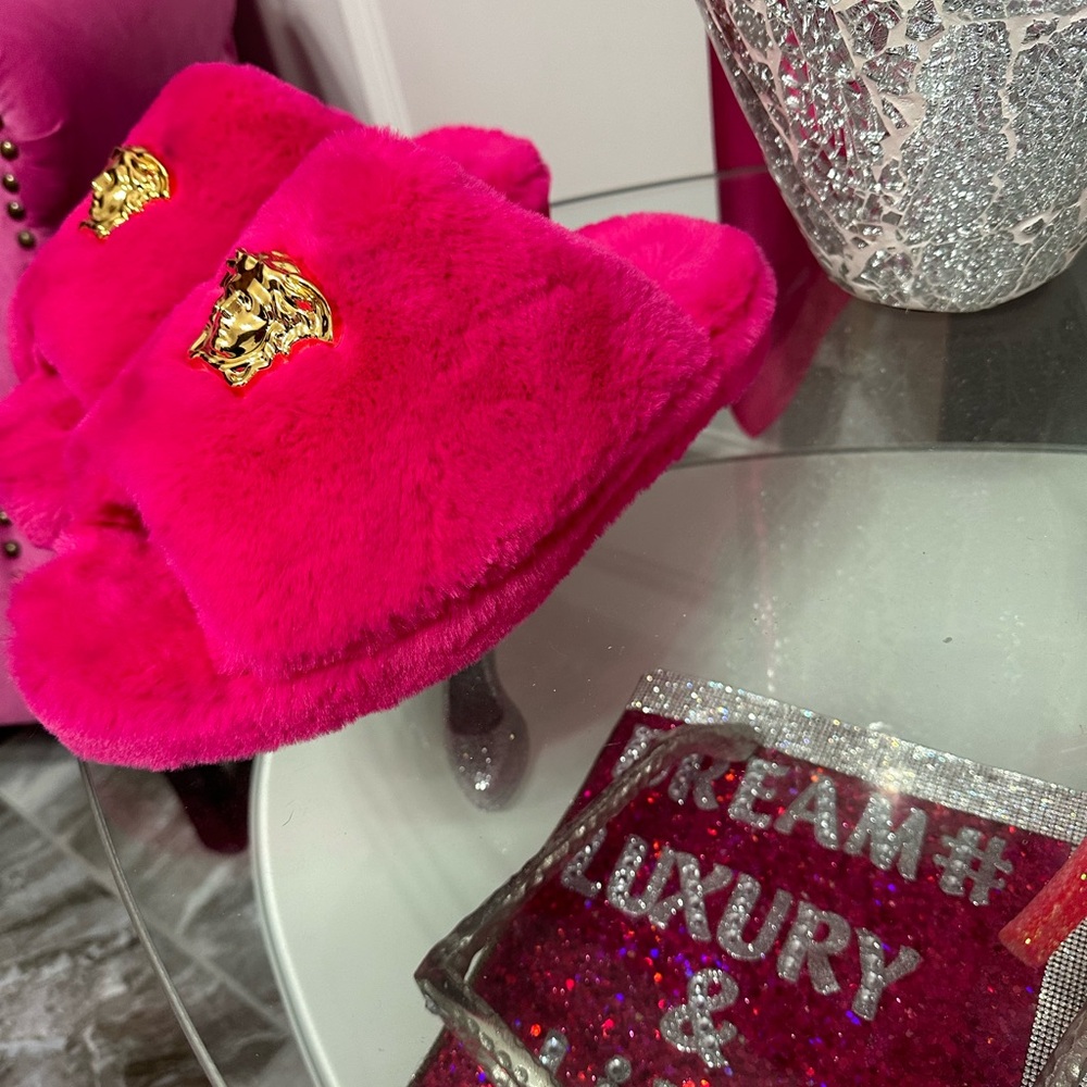 Pink and Gold Versace Medusa Slippers